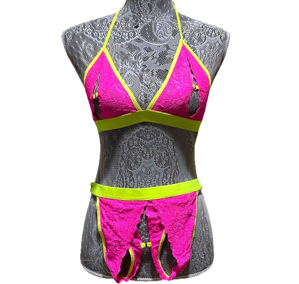 Mapale Pink Lace Open Cup Bra Thong Set S/M Neon Strappy Cutout Sheer Lingerie